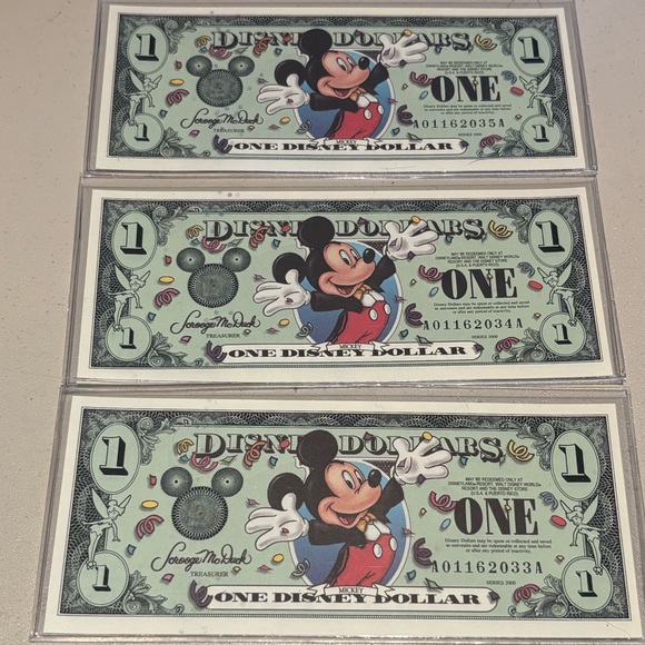 Disney Other - 3 Consecutive Mint Disney Dollars 2000 Tuxedo $1.00 Mickey Mouse-Epcot A Series